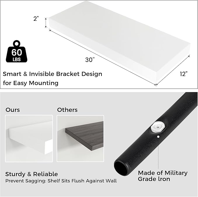 Venusmiles Floating Shelves for Wall, 30" W x 12" D x 2" H, 2 Pack of Long Wall Mounted Engineered Wood Shelves with Invisible Brackets for Living Room, Bedroom, Bathroom, Kitchen Decor, White