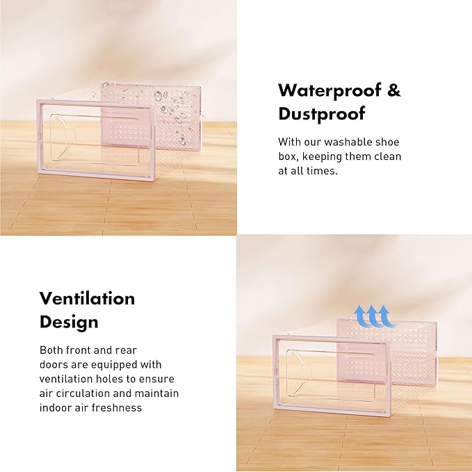 Shoe Storage Box, 15 Pack Clear Plastic Stackable Shoe Organizer for Closet, Interlocking Design Shoe Container Bins for Sneakers, Foldable Shoe Rack with Lids, Pink