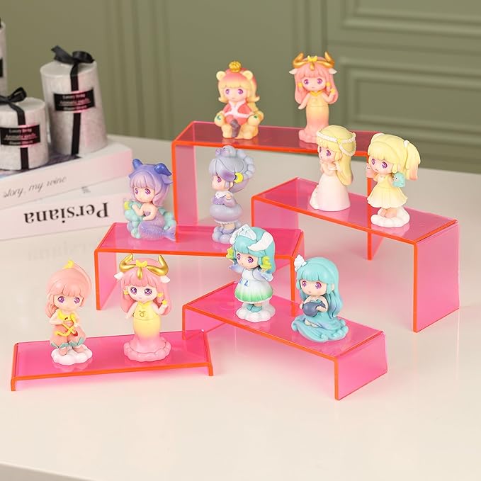 Goabroa Display Risers, 2 Sets 10 Pcs Perfume Stand Organizer, Rectangular Riser Shelves for Figures, Cupcake, perfume display, Wine Glass and Handbag display, Transparent Pink