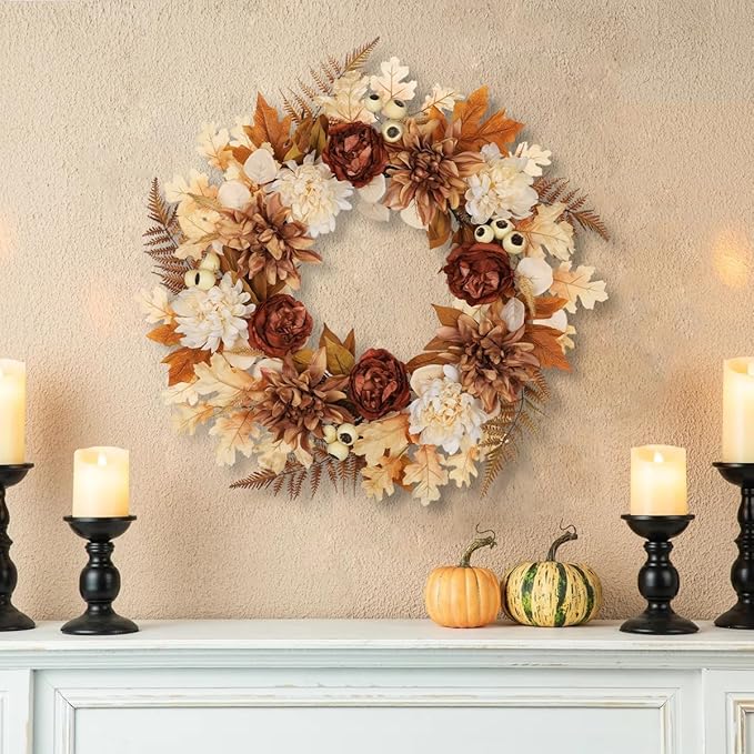 24 Inch Fall Brown Wreaths for Front Door Outside Autumn Wreath with Artificial Dahlia, Chrysanthemum, Rose, Berries & Leaves – Fall Door Wreath for Outdoor Indoor Thanksgiving Decor Terracotta