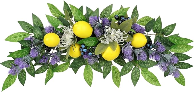 23.6 Inch Artificial Lemon Swag, Decorative Fruit Swag with Lavender, Yellow Lemon & Green Leaves, Spring Summer Floral Swag Door Swag for Front Door Wall Window Wedding Home Decor