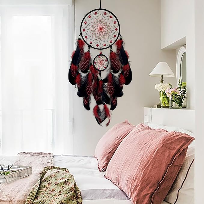 Red and Black Dream Catcher Wall Decor Feather Dream Catchers with Luminous Bead Handmade Dreamcatcher Wall Hanging Ornament for Bedroom Living Room Home Decor