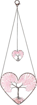 JOVIVI Tree of Life Feng Shui Crystal Heart Hanging Ornament Rose Quartz Gemstones Healing Stones Yoga Meditation Window Wall Hanger for Home Wedding Decor
