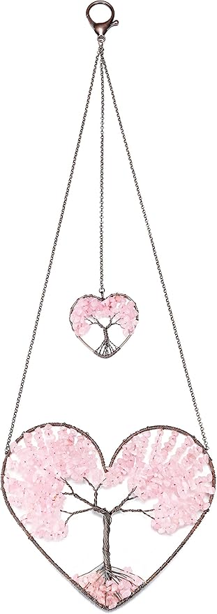 JOVIVI Tree of Life Feng Shui Crystal Heart Hanging Ornament Rose Quartz Gemstones Healing Stones Yoga Meditation Window Wall Hanger for Home Wedding Decor