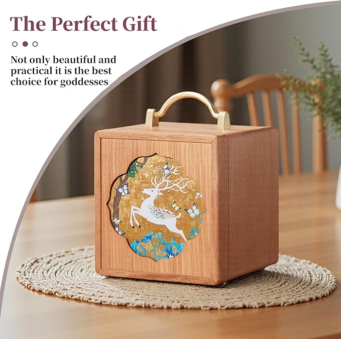Wooden Jewelry Box for Women 4 Tier Walnut Wooden Jewelry Box with handle (White Deer Print A)