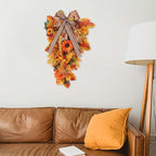 Harvest Teardrop Swag, 20inch Fall Teardrop Swag with Maple Leaves, Bow and Sunflowers, Autumn Decorative Swag Fall Floral Swag for Home Door Wall Decor(Without Light)
