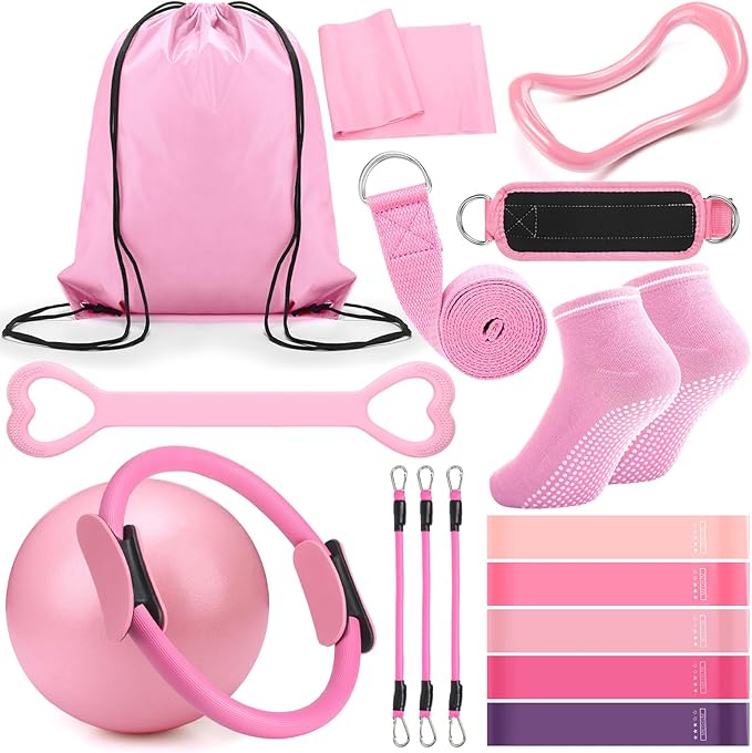 Pilates Ring Circle Set 18 Pcs Exercise Equipment Accessories for Women Workouts Pilates Ball Stretching Strap Magic Circle Yoga Ring Gym Back Bag Resistance Band Anti Slip Socks