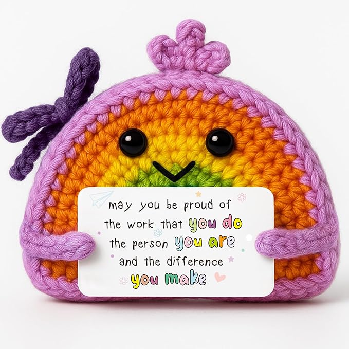 Handmade Positive Rainbow Crochet Doll, Inspirational Thank You Gift for Coworkers Boss Leader Staff, Positive Energy & Appreciation "May You Be Proud of The Work That You Do" Perfect for Retirement