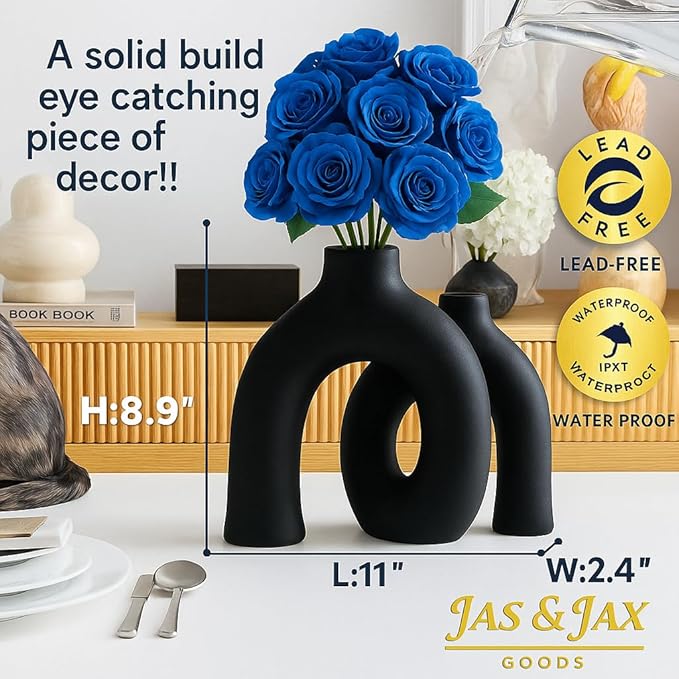 Matte Black Ceramic Vase Set - Modern Hug Donut Ceramic Vases by JAS & JAX GOODS, Minimalistic Nordic Home Decor Centerpiece for Console Tables, Living Room, Bookshelf, or Fireplace Mantel