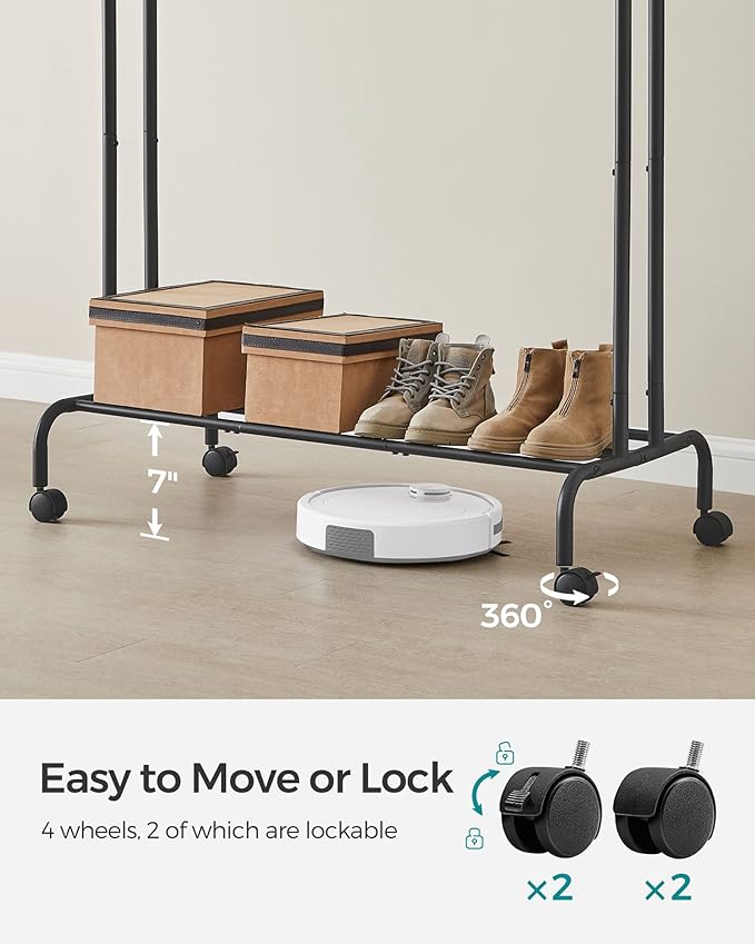 SONGMICS Clothes Rack, Double-Rod Clothing Rack for Hanging Clothes with Wheels, Garment Rack, Metal Frame, 220 lb Max. Total Load, 40.7 Inches Wide, Clothes Storage and Display, Black UHSR107B01