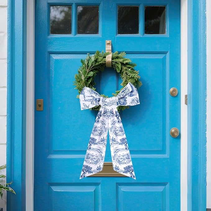Blue French Toile Sash for Wreaths - 2 Pcs Rustic Wreath Sashes for Front Door Kitchen Cabinet, Wreath Sash for Monogram Embroidery Farmhouse Home Decor