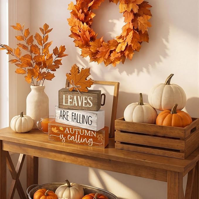 Lineshading 4 Pcs Fall Decoration for Home Wooden Maple Leaf Thanksgiving Table Centerpiece Rustic Thanksgiving Tiered Tray Decor Decorative Autumn Leaves Block Sign Farmhouse Autumn Decor for Kitchen