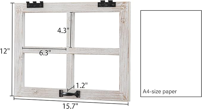 Sintosin Small Rustic Window Frame Wall Decor 12 X 16 Inch, Hanging Handmade Washed White Wooden Farmhouse Faux Window Wall Decor for Living Room Bedroom Entryway Hallway, Horizontal or Vertical