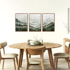 KAlRNE Natural Mountain Framed Canvas Wall Art Set of 3(16”X24”),Textured Sage Green Wall Decor,Neutral Watercolor Forest Picture Snowy Landscape Art Prints For Living Room Bedroom Office