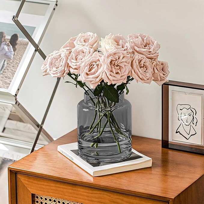 7 Inch Tall Vases for Flowers, Large Glass Vase for Centerpieces, Clear Glasses Home Decor Modern Jarrones Decorativos for Wedding Living Room Dining Table (Gray)