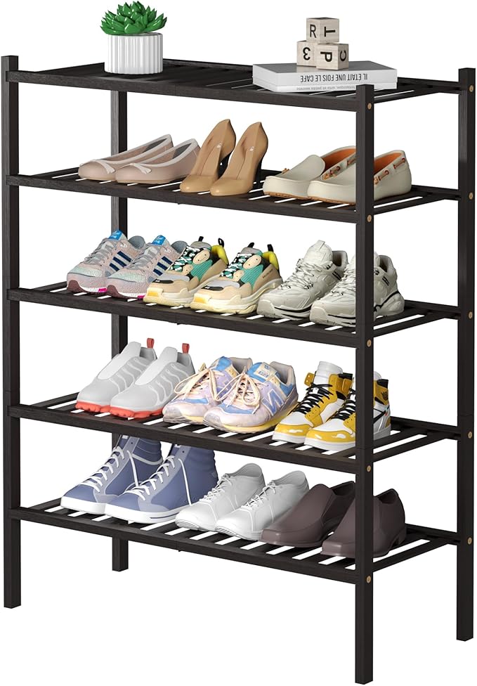 5 Tier Bamboo Shoe Rack for Closet Free Standing Wood Shoe Shelf for Entryway Small Space Stackable 27"x11"x33" (Brown)