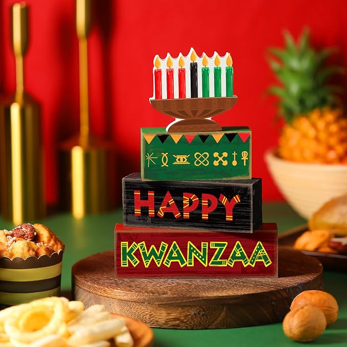Yuntau 4 Pcs Happy Kwanzaa Table Decorations Kwanzaa Tiered Tray Decor Rustic African Candlestick Wood Block Tabletop Sign Gift Centerpiece Farmhouse Table Decor for Home Office Party Supplies