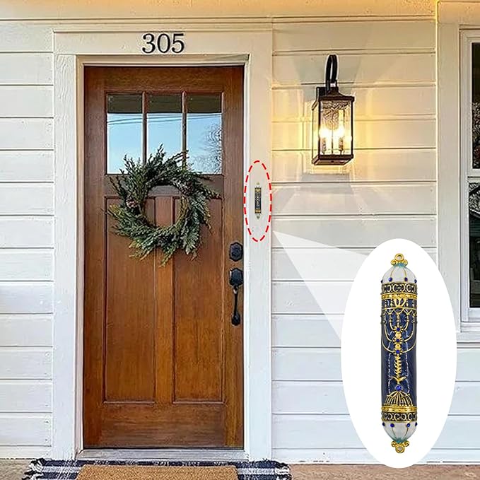 Mezuzah with Scroll for Door, Enamel&Zinc Alloy Blessing Mezuzah Case for Door, Colored Painted Mezuzha Scroll Kosher for Jewish Gifts/Jewish Decor, Christmas (Blue, 5 * 0.86 in)