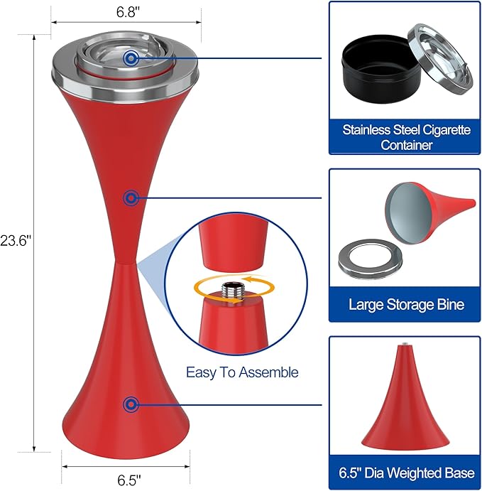 RELIANCER Floor Standing Ashtray w/Detachable Cigar Container,Stainless Steel Cigarette Ash Tray,Outdoor Self-Cleaning Ash Holder w/Weighted Base,Cigarettes Butt Receptacle Disposal for Home Patio