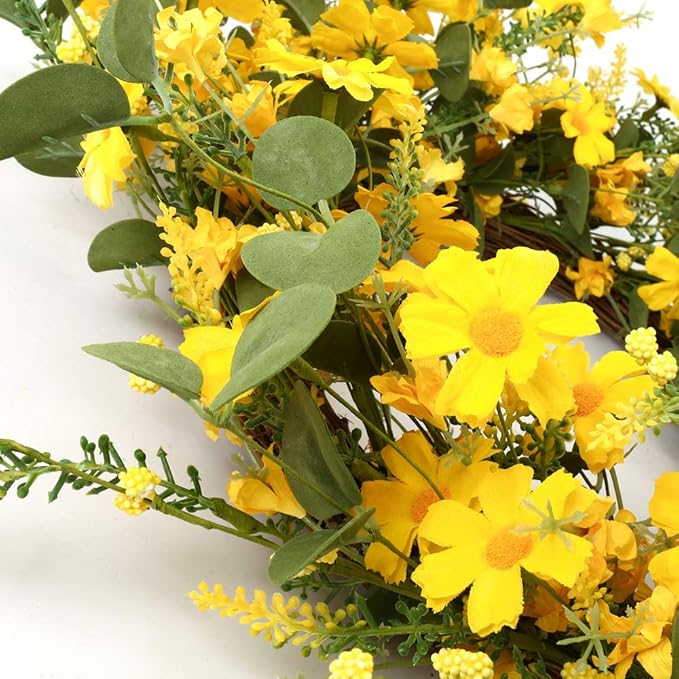 J'FLORU Artificial Spring Wreath 22 Inch Summer Wreaths for Front Door Yellow Daisy Wreath for Indoor Outdoor Home Decor and Easter Celebration