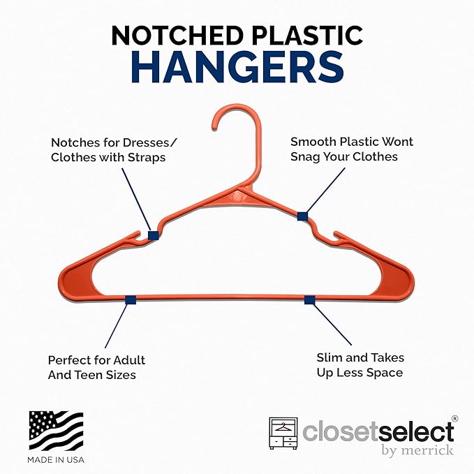 Plastic Hangers 50 Pack - Space Saving Clothes Hangers, Made in USA, Durable & Strong Plastic Shirt & Coat Hanger with Notches & Shoulder Grooves, Non-Slip Hangers | Bright Orange