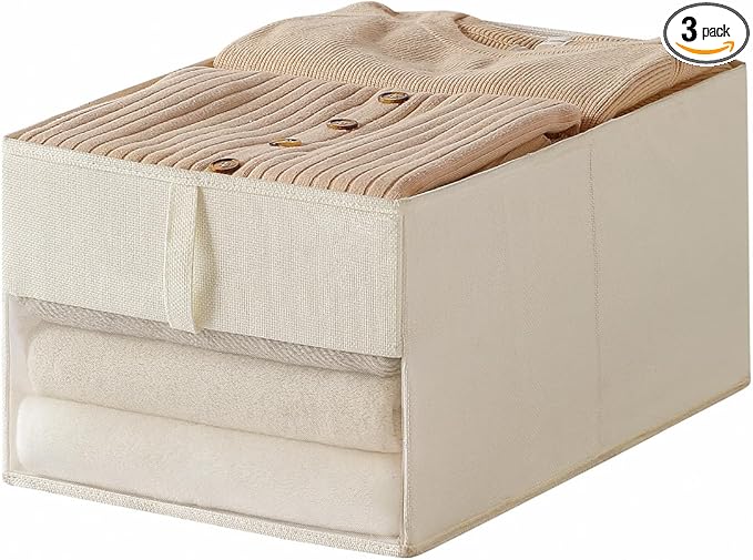 Lifespace Storage Wardrobe Organizer, Large 6-Compartment Foldable Drawer System with Handles, Beige Fabric Storage Box for Clothes, Blankets, Toys, 2-Pack (3, Cream, 20.5”X13“X9”)