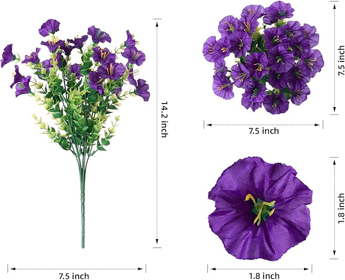 Artificial Flowers Fake Plants for Outdoors Decoration, 12 Bundles Purple Silk Morning Glory with Eucalyptus Realistic UV Resistant Faux Flowers Greenery for Outside Planter Yard Garden Home Indoor