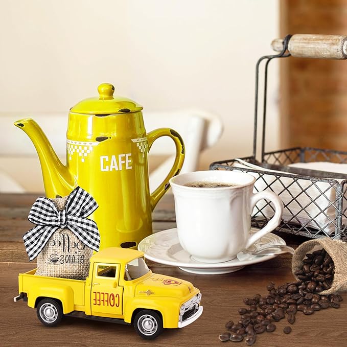 Hooqict Coffee Bar Decor Mini Metal Yellow Truck with Coffee Beans Burlap Sack for Summer Fall Home Farmhouse Kitchen Tiered Tray Decor Coffee Bar Accessories Coffee Station Decoration