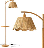 Oneach 63.5" Floor Lamp with Table for Living Room, Boho Rattan Standing Lamps with Foot Switch, Farmhouse Floor Lamp for Bedroom, Arc Tall Lamp with Metal Base&Pole, Bulb not Included, Woodgrain