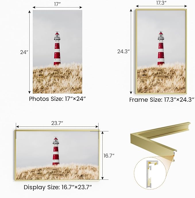 17x24 Aluminum Metal Picture Frame,Tempered Glass Gold Photo Frame 17x24 for Family Photo,Posters,Art,Document to Wall Mount Horizontally or Vertically