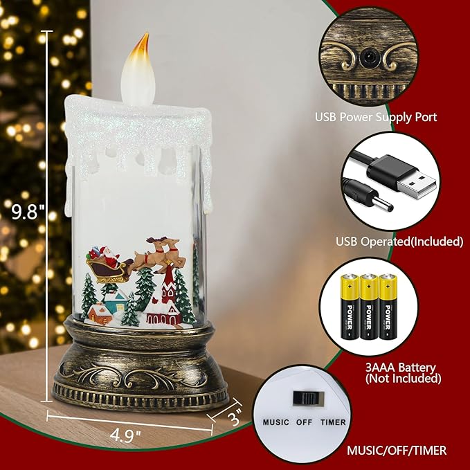 Wondise Rechargeable Musical Santa Claus Snow Globe Lantern with 6H Timer, Battery Operated USB Powered Lighted Singing Snow Globe Lamp Spinning Water Swirling Glitters Holiday Decor