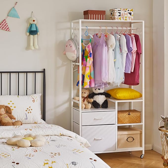 Clothes Rack for Hanging Clothes, 2 Drawers, Heavy Duty Garment Racks with Shelves, Clothes Rack with Hanging Hooks, White YD-TM080W