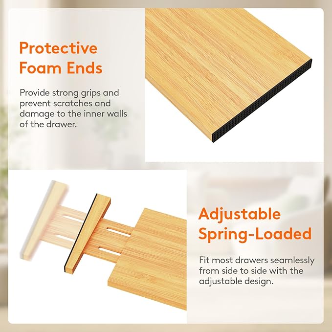 Lifewit 5" High 8 Pack Bamboo Drawer Dividers 33-42cm/13-16.5" Adjustable Wooden Drawer Organizer for Clothes/Utensils, Expandable Drawer Separator for Dresser/Kitchen/Bedroom/Office Organization