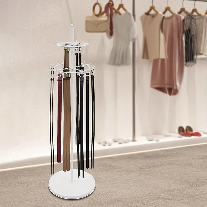 Floor Standing Belt Display, 66 Inch Tie Rack Belt Display Shelf with 31 Hooks, Adjustable Feet Belt Display Stand for Clothing Stores, Retail Stores (White)