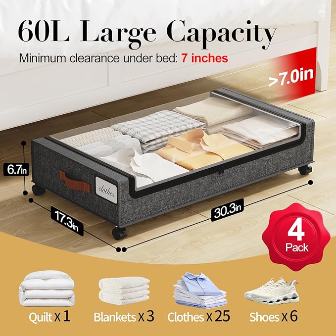 Yecaye Under Bed Storage with Wheels, 4 Pack Under the Bed Storage Containers with Lids & Label, XXL 60L Rolling Underbed Storage Drawers for Clothes, Blankets, Shoes, Hemp Gray
