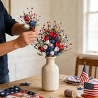 Idyllic 6 Pcs Patriotic Floral Stems with Sage Lamb's Ear, Red White Blue Berries & Tulips | 4th of July Memorial Day Wreath Decor