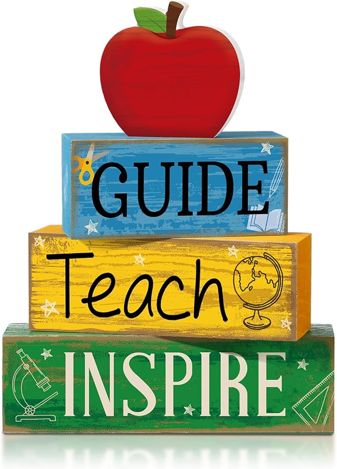Yuntau 4 Pcs Teacher Appreciation Gift Wooden Apple Table Decoration Guide Teach Inspire Block Sign Apple Tiered Tray Decor Graduation Back to School Teachers Gift for Office Classroom