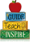 Yuntau 4 Pcs Teacher Appreciation Gift Wooden Apple Table Decoration Guide Teach Inspire Block Sign Apple Tiered Tray Decor Graduation Back to School Teachers Gift for Office Classroom