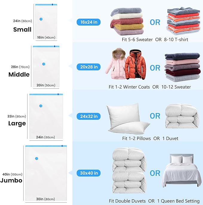 6Pack Thickened Space Saver Vacuum Storage Bags Medium for Clothes with Hand Pump, Vacuum Sealed Bags for Clothing, Comforters and Blankets