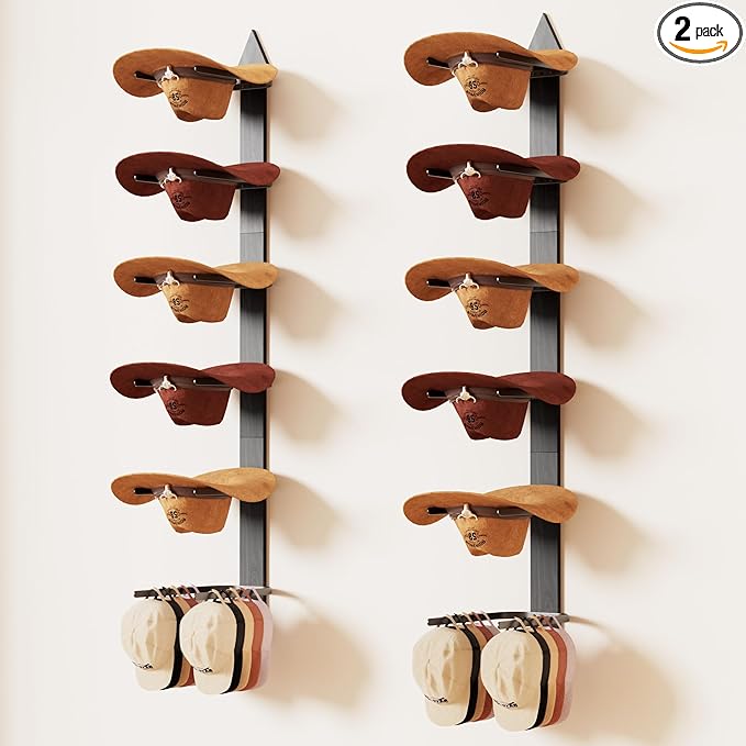 Cowboy Hat Rack for Wall, Cowboy Hat Holder Wall Mount Holds up to 6 Hats, Wooden Western Rustic Metal Hat-Organizer with Arrow Sign Board, Display and Decor Rack for Fedora, Sun Hats,Baseball Caps