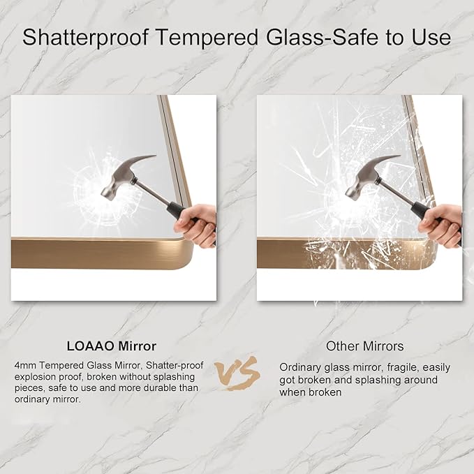 LOAAO 48”X30” Gold Bathroom Mirror, Rounded Rectangle Gold Frame Mirror, Brushed Gold Bathroom Vanity Mirror Wall-Mounted, Anti-Rust, Tempered Glass, Hangs Horizontally or Vertically