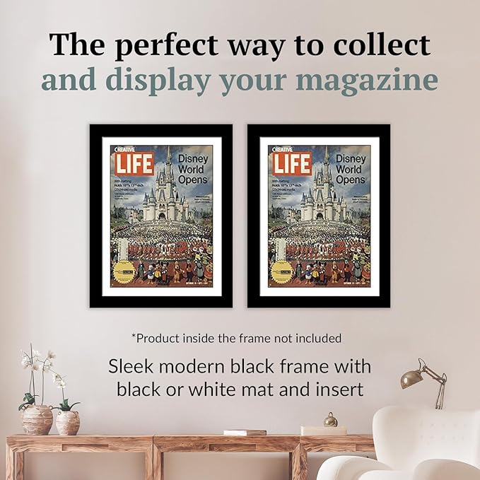 Creative Picture Frames 10.5 x 13.12 Magazine Frame with Full-Strength Glass, Holds Up To A 1/4" Thick Media with Installed Hangers for Easy Mounting, 12x14 Manhattan Black Frame with White Mat