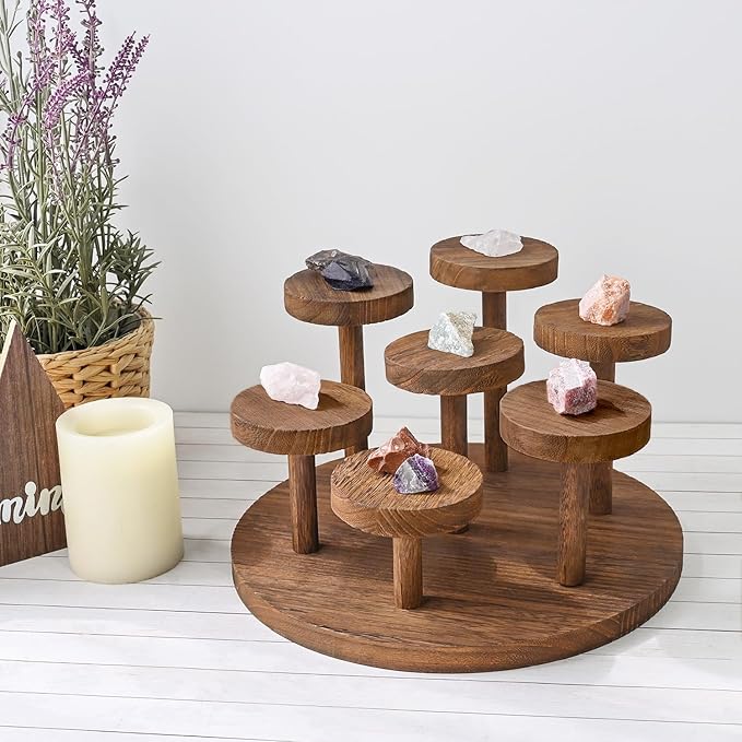 Ikee Design 7-Tier Wooden Display Riser for Jewelry, Accessories, and Collectibles items Wooden Jewelry and Figurine Display Risers, Multilevel Stand for Action Figures and Home Decor, Brown Color