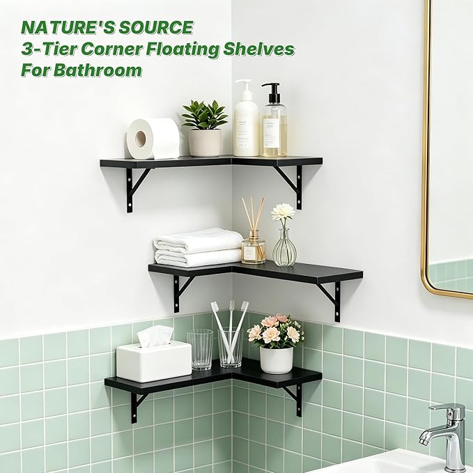 NATURE'S SOURCE Corner Floating Shelves, Corner Shelf Wall Mounted, Shelves for Room Wall, Home Decor Living Room Bedroom Office Kitchen Bathroom- Gothic Style (Black, Set of 3)