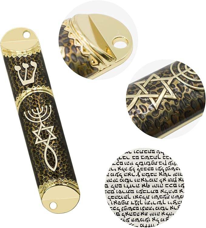 Mezuzah with Scroll for Door, Metal Mezuzah Case with Messianic Seal for Hebrew Home Blessing, Jewish Gifts, Jewish House Warming Decor, Christmas, Easter (Black)