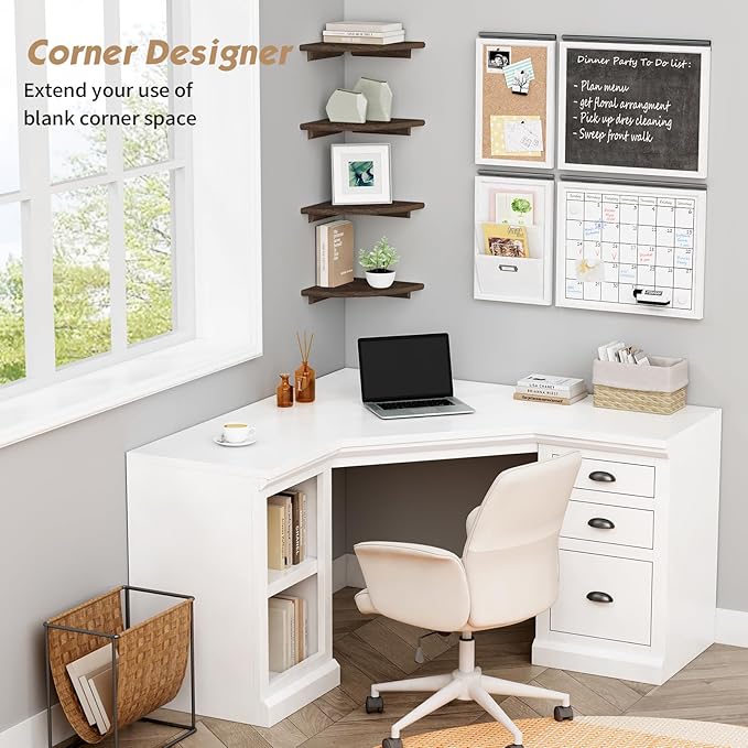 Forbena Floating Corner Shelves for Wall Set of 4, Small Corner Bookshelf for Bedroom Books, Round Wooden Corner Shelf Wall Mount for Bathroom Plants, Kitchen, Living Room Decor (Dark Brown)