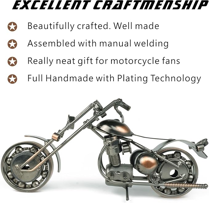 TRANSGOOD Handmade Motorcycle Model with Rolling Wheels, 9" Vintage Steampunk Bike Sculpture, Heavy-Duty Iron Desk Decor, Unique Biker Gift for Dad Husband, Industrial Man Cave Office Home Art