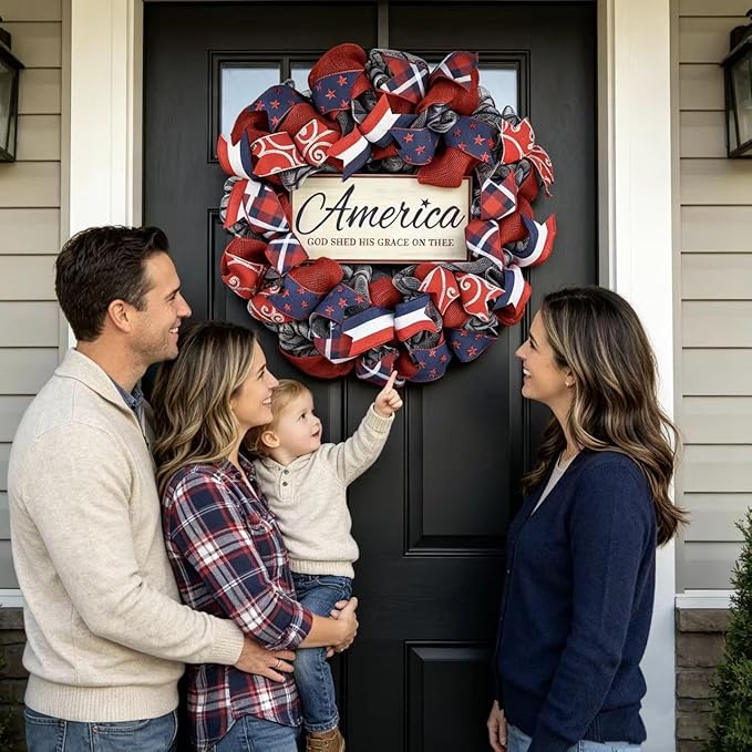 4th of July Decorations Outdoor Patriotic Wreaths for Front Door 250th Anniversary Decorations Red White and Blue American Flag Wreath (America 2)