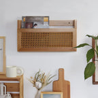 Wall Magazine Rack with PE Rattan Grid,Size 17.3" x 4" x 9.4",File Holder For Entryway,Living Room,Waiting Room,Kids’ room,Office(Retro Brown)