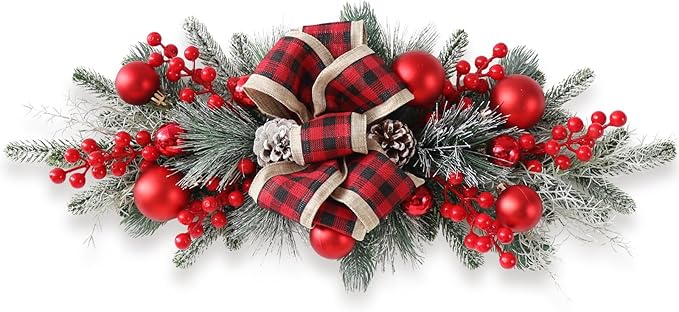 FACINOC 24" Artificial Christmas Swag for Front Door Decorative Xmas Swags with Red Berries Pine Cones Bow Festive Decorations for Mantle Wall Indoor Outdoor Holiday Home Decor (Red 1 PCS)